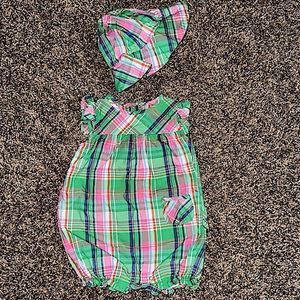 Chaps Baby Girl Romper Bonnet Hat Plaid Green Pink Ruffle 9mo